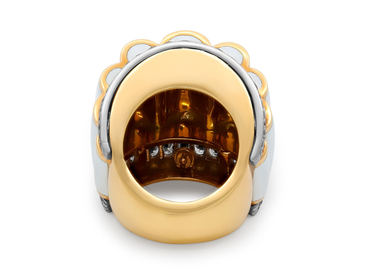 David Webb 'Scallop' White Enamel and Diamond Ring in 18K Gold