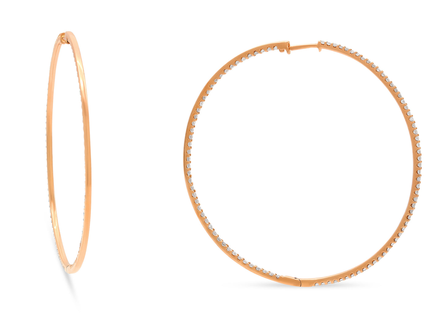 Diamond Hoop Earrings in 18K Rose Gold by Beladora, hinged hoops set with 108 round brilliant diamonds in polished rose gold