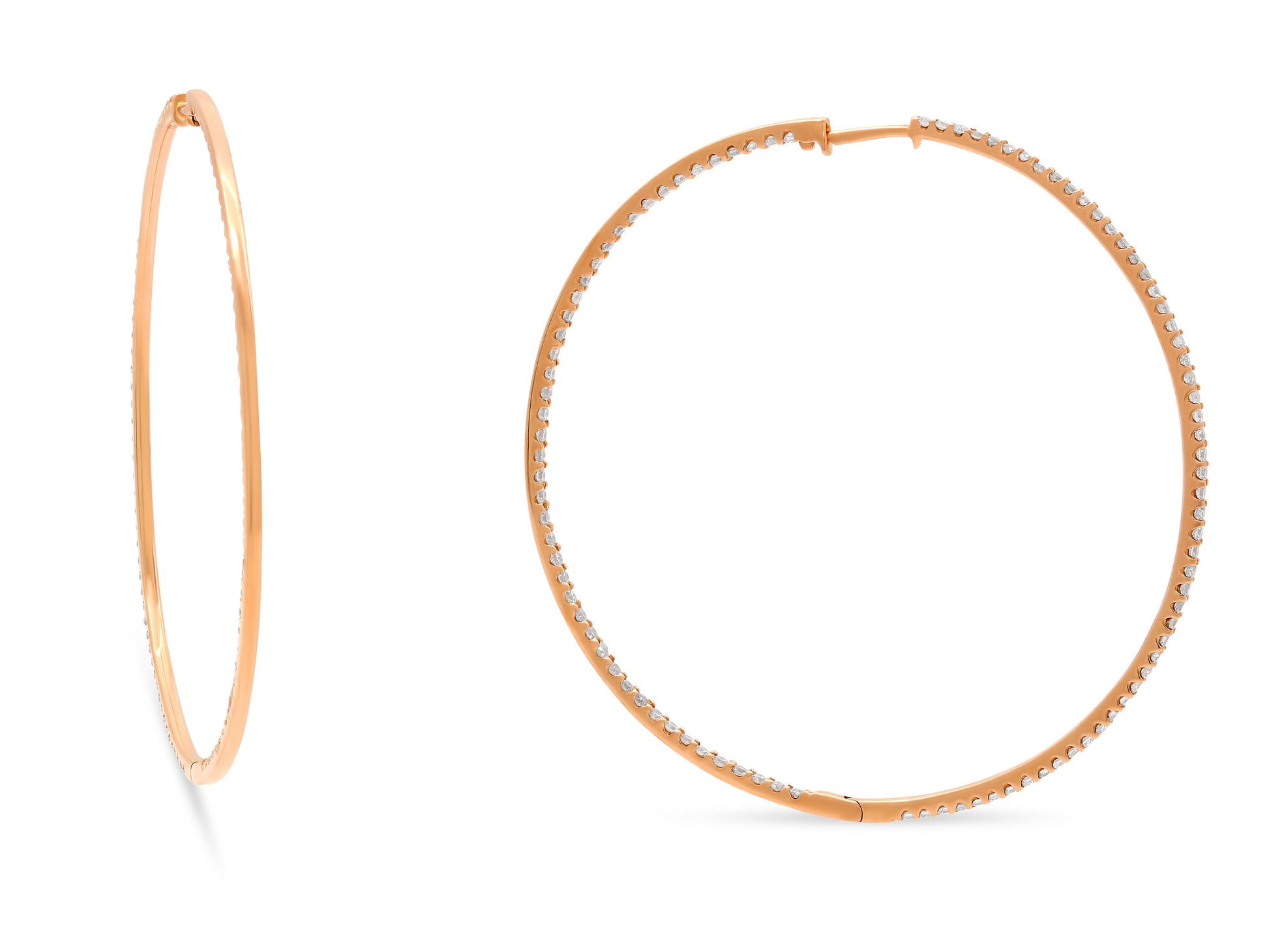 Diamond Hoop Earrings in 18K Rose Gold by Beladora, hinged hoops set with 108 round brilliant diamonds in polished rose gold