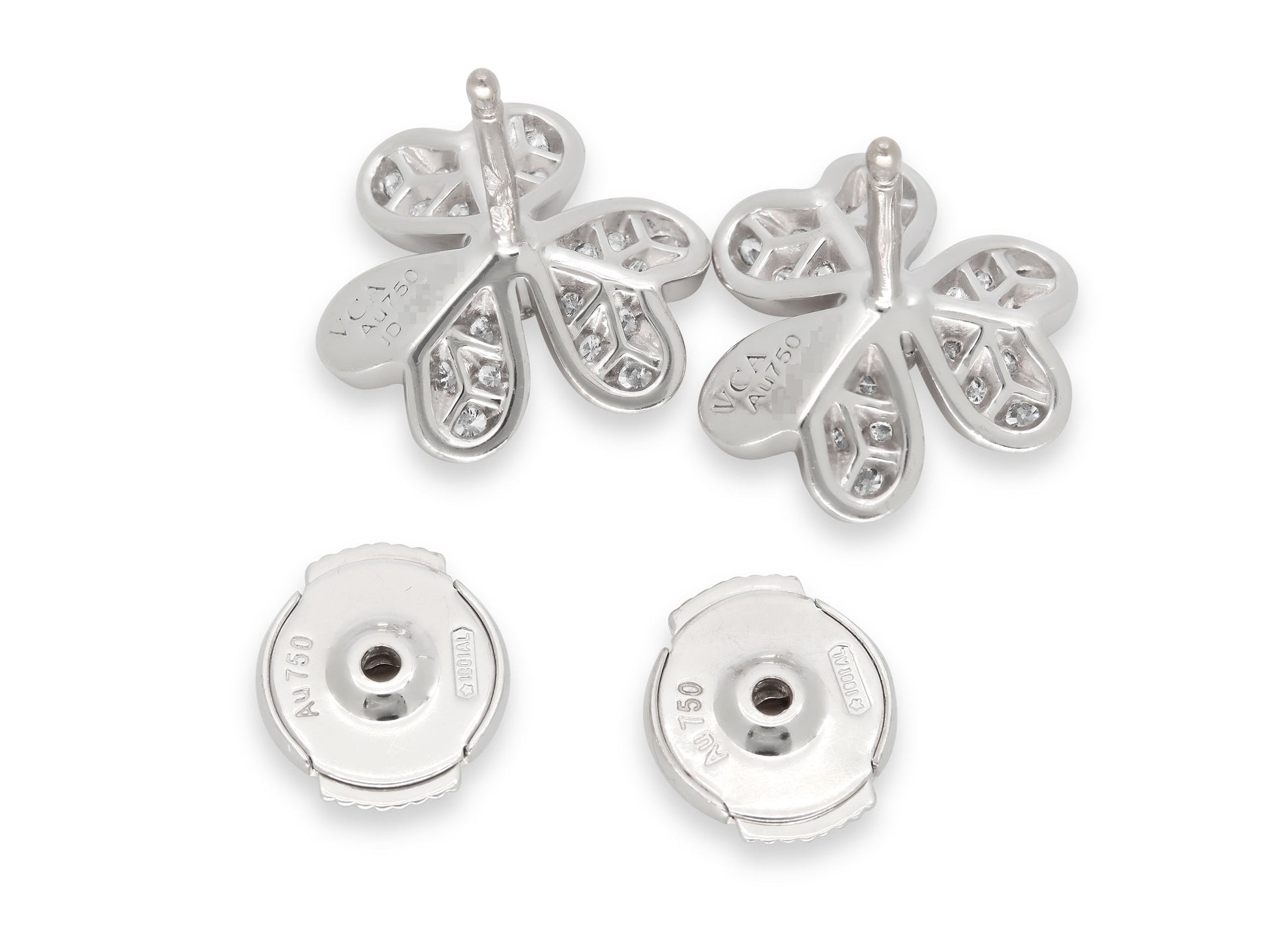 Van Cleef & Arpels 'Frivole' Diamond Earrings, Mini Model, in 18K White Gold, reverse view showing floral petals, posts, and La Poussette backs from Beladora