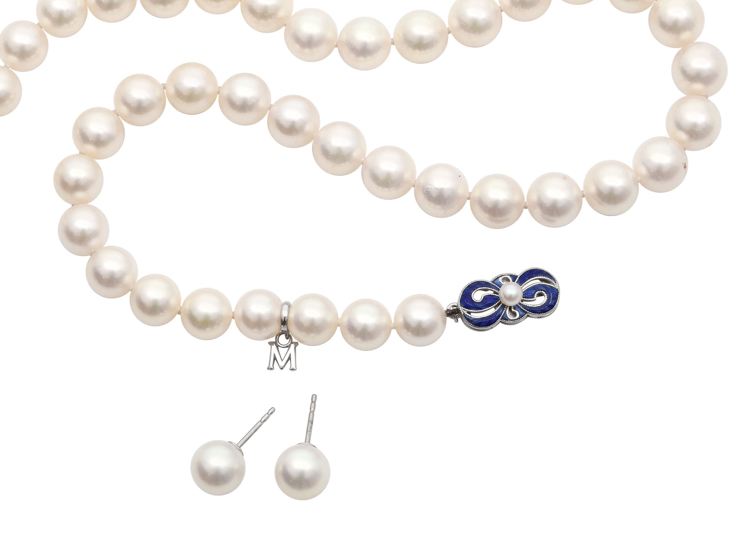 Mikimoto Pearl Necklace and Earrings Set in 18K White Gold