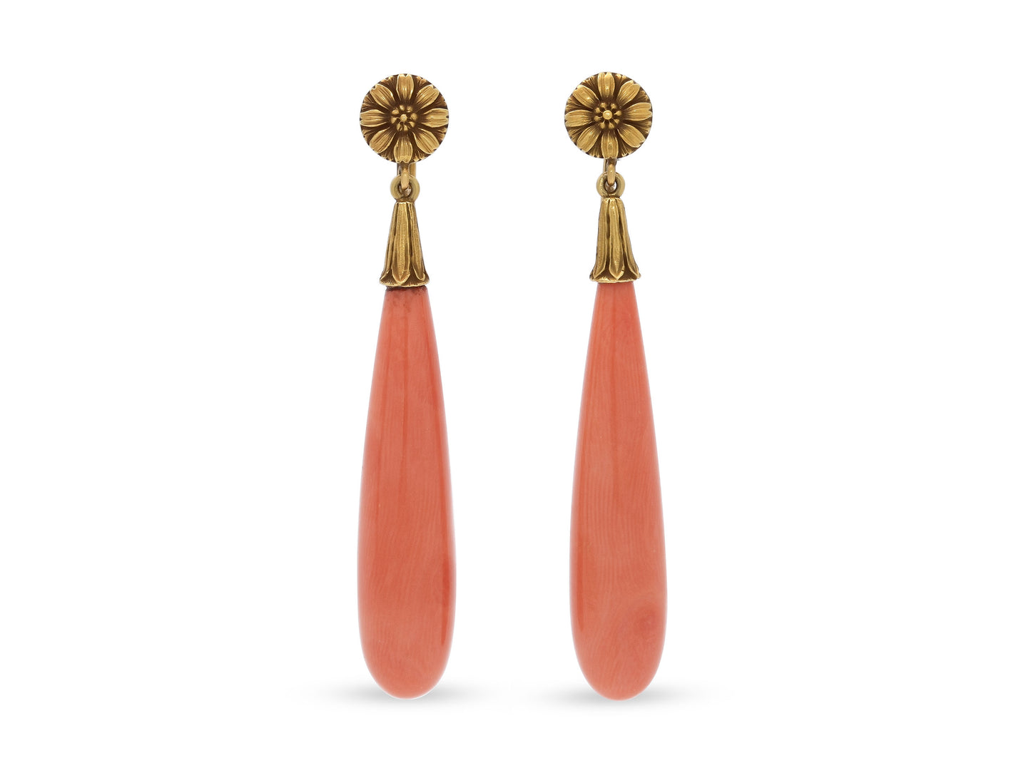 Mid-Century Red Coral Drop Earrings in 18K Gold
