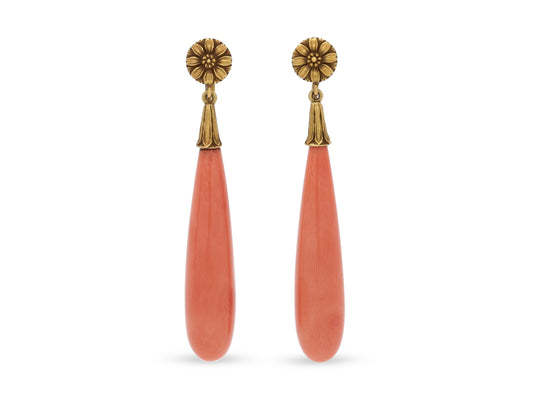 Mid-Century Red Coral Drop Earrings in 18K Gold by Beladora, with tear-shaped orangey-red coral drops, engraved gold caps, and floral motif tops