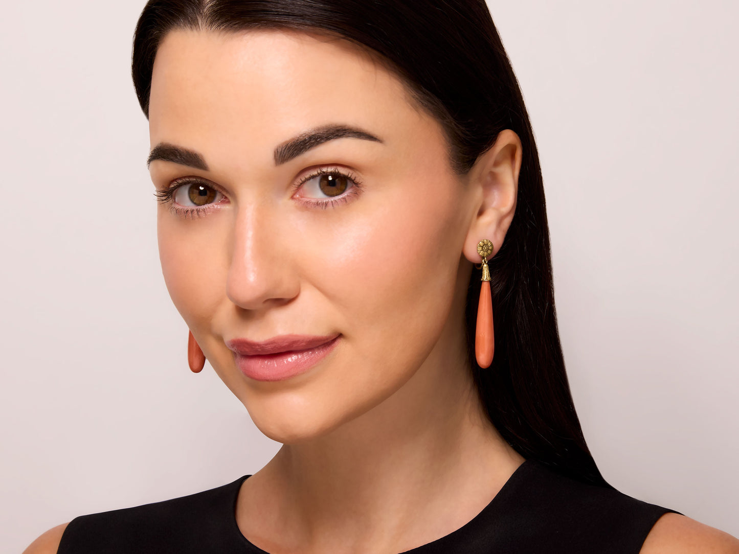 Mid-Century Red Coral Drop Earrings in 18K Gold