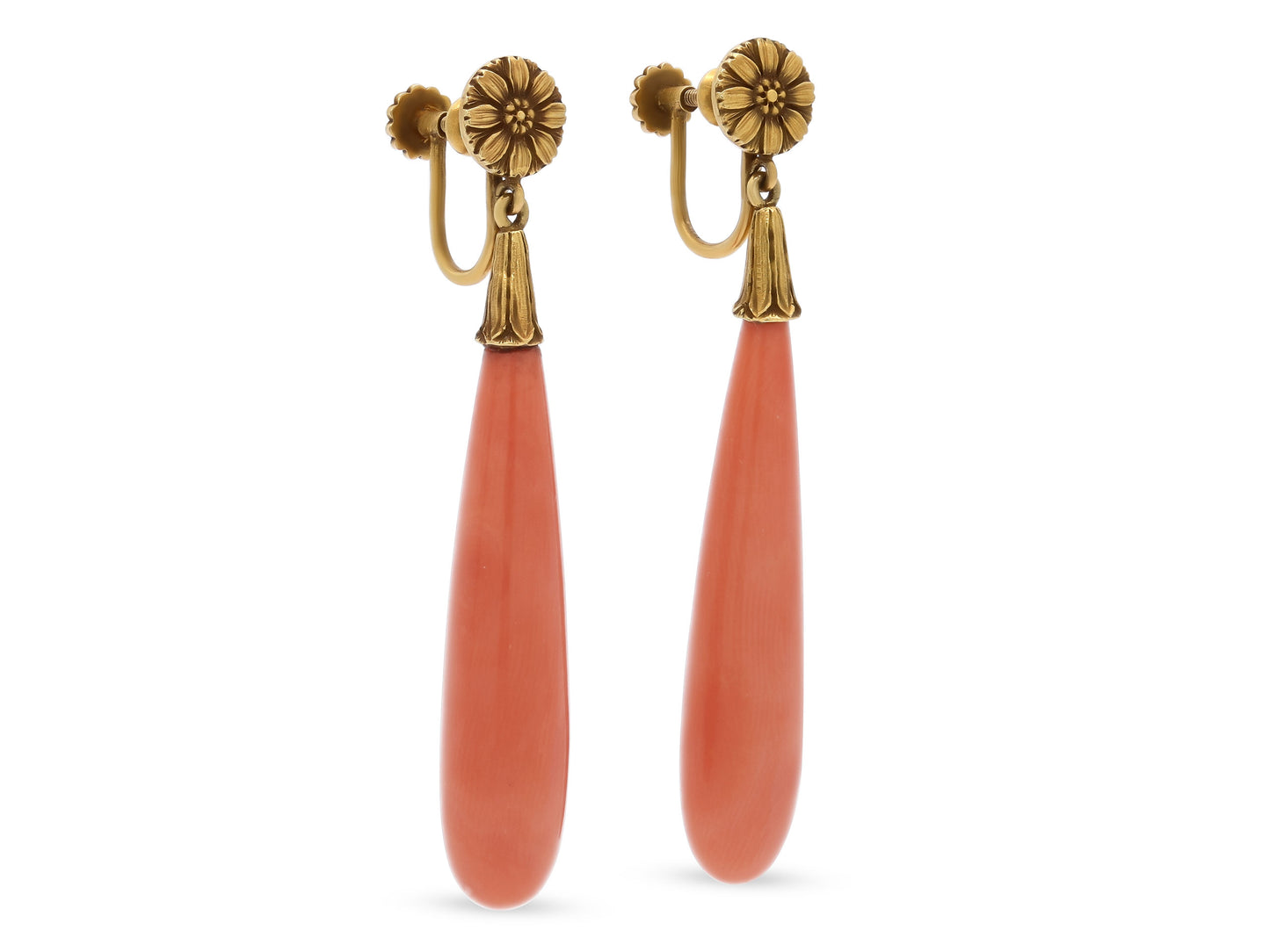 Mid-Century Red Coral Drop Earrings in 18K Gold