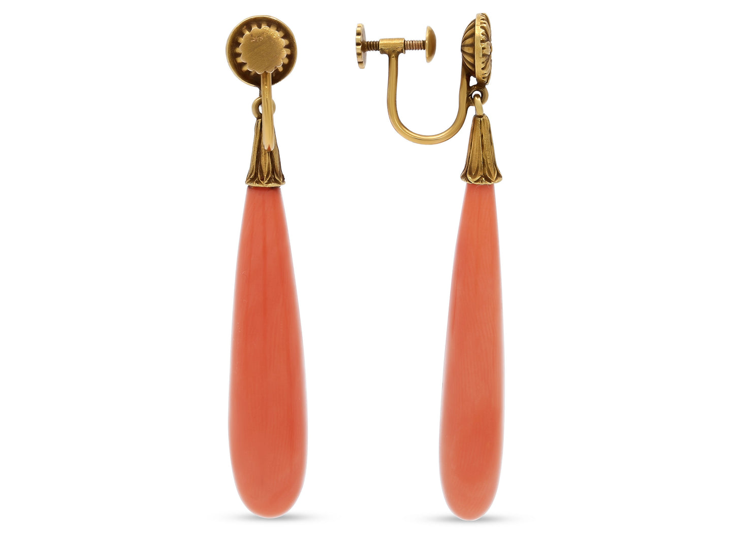 Mid-Century Red Coral Drop Earrings in 18K Gold