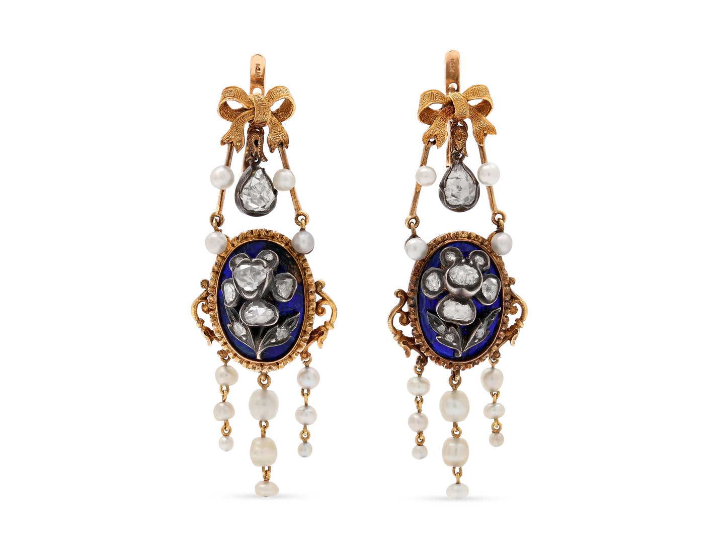 Antique Victorian Diamond, Pearl and Enamel Earrings in 14K Gold and Silver