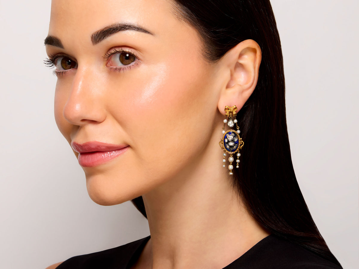 Antique Victorian Diamond, Pearl and Enamel Earrings in 14K Gold and Silver