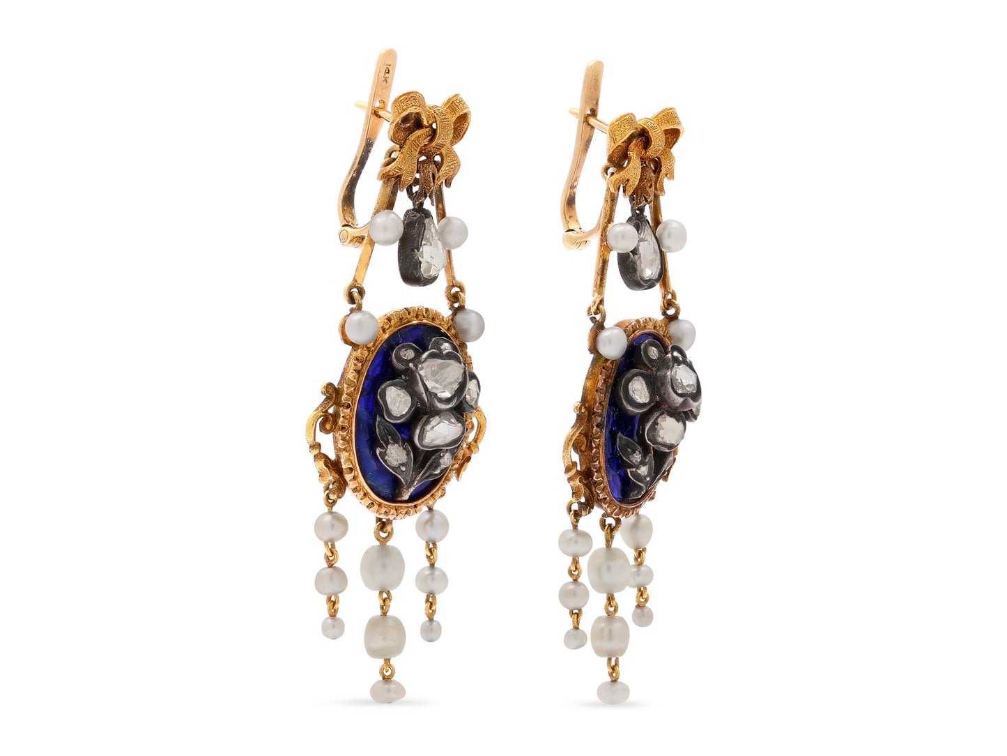Antique Victorian Diamond, Pearl and Enamel Earrings in 14K Gold and Silver
