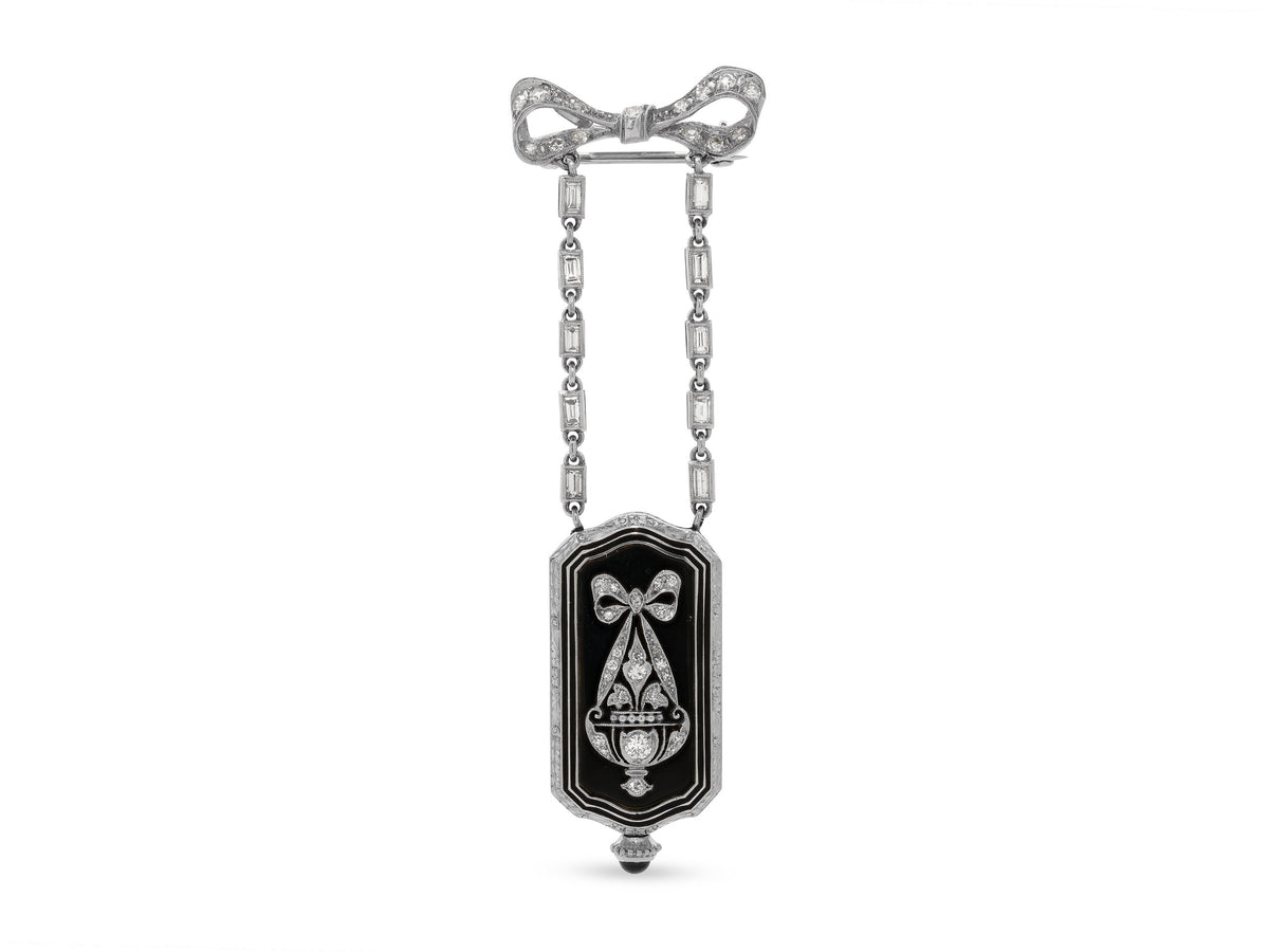 Art Deco Tiffany & Co. and C.H. Meylan Diamond and Onyx Watch Pin in Platinum