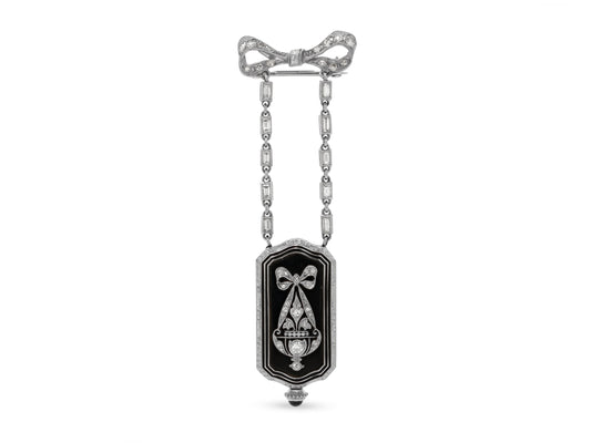 Art Deco Tiffany & Co. and C.H. Meylan Diamond and Onyx Watch Pin in Platinum