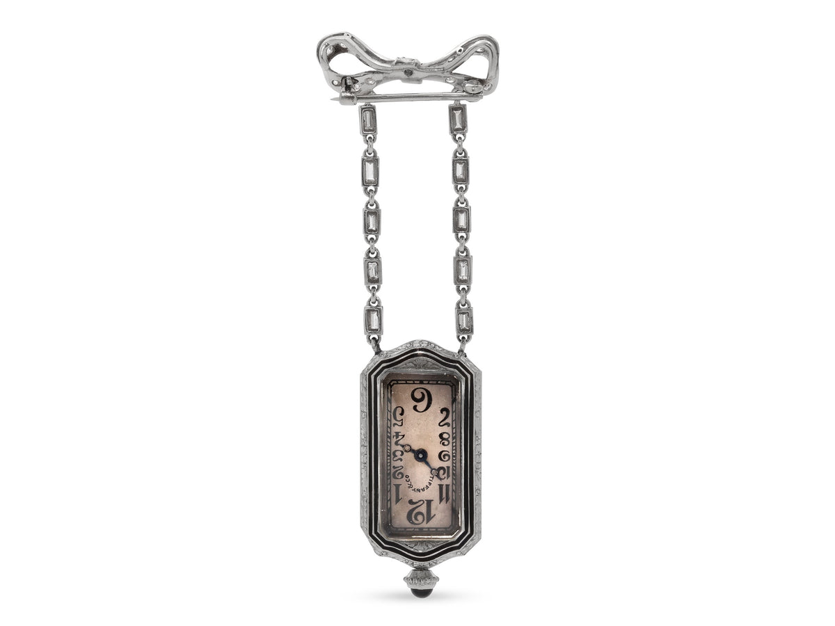 Art Deco Tiffany & Co. and C.H. Meylan Diamond and Onyx Watch Pin in Platinum