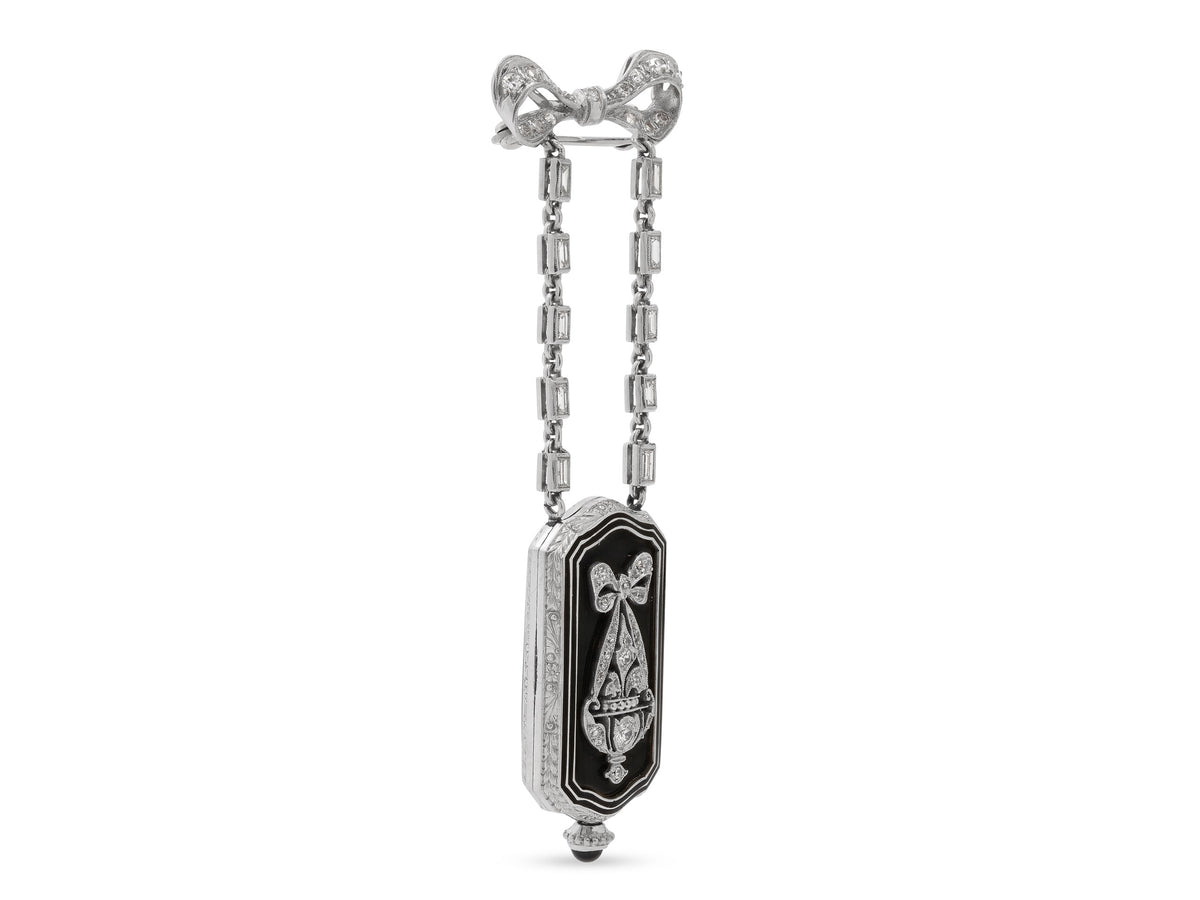 Art Deco Tiffany & Co. and C.H. Meylan Diamond and Onyx Watch Pin in Platinum
