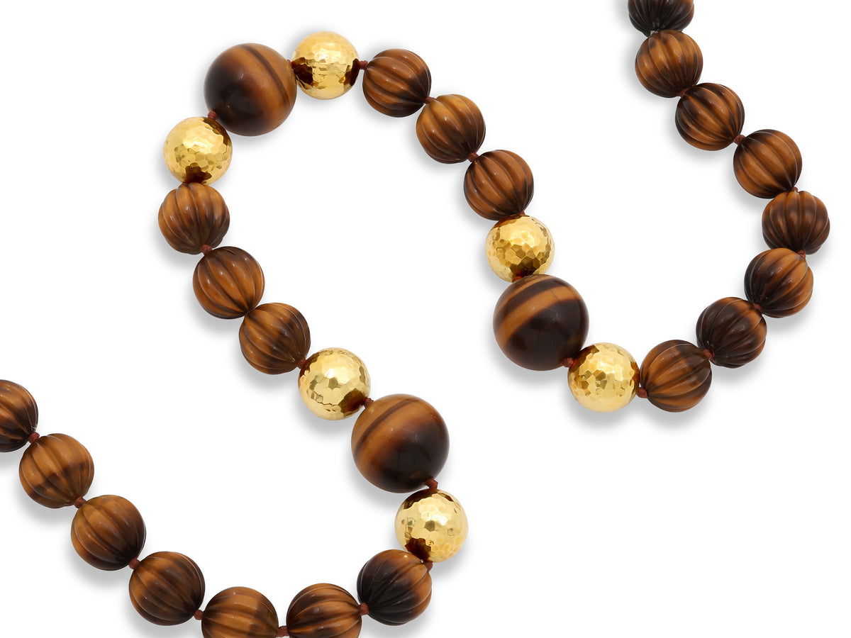 David Webb Tiger's Eye Bead Necklace in 18K Gold