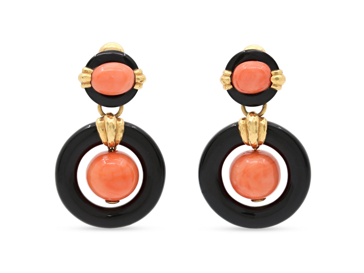 David Webb Coral and Onyx Door Knocker Earrings in 18K Gold