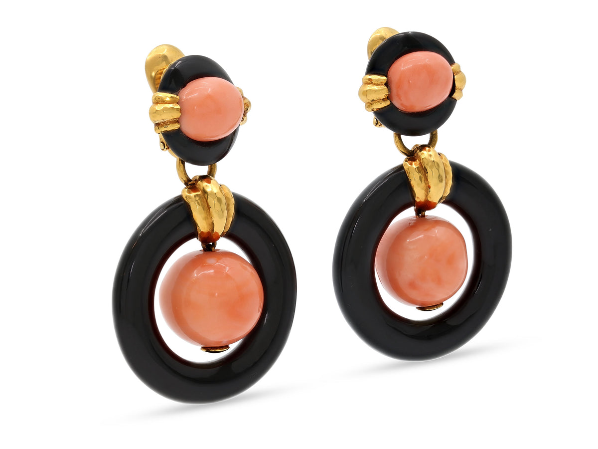 David Webb Coral and Onyx Door Knocker Earrings in 18K Gold