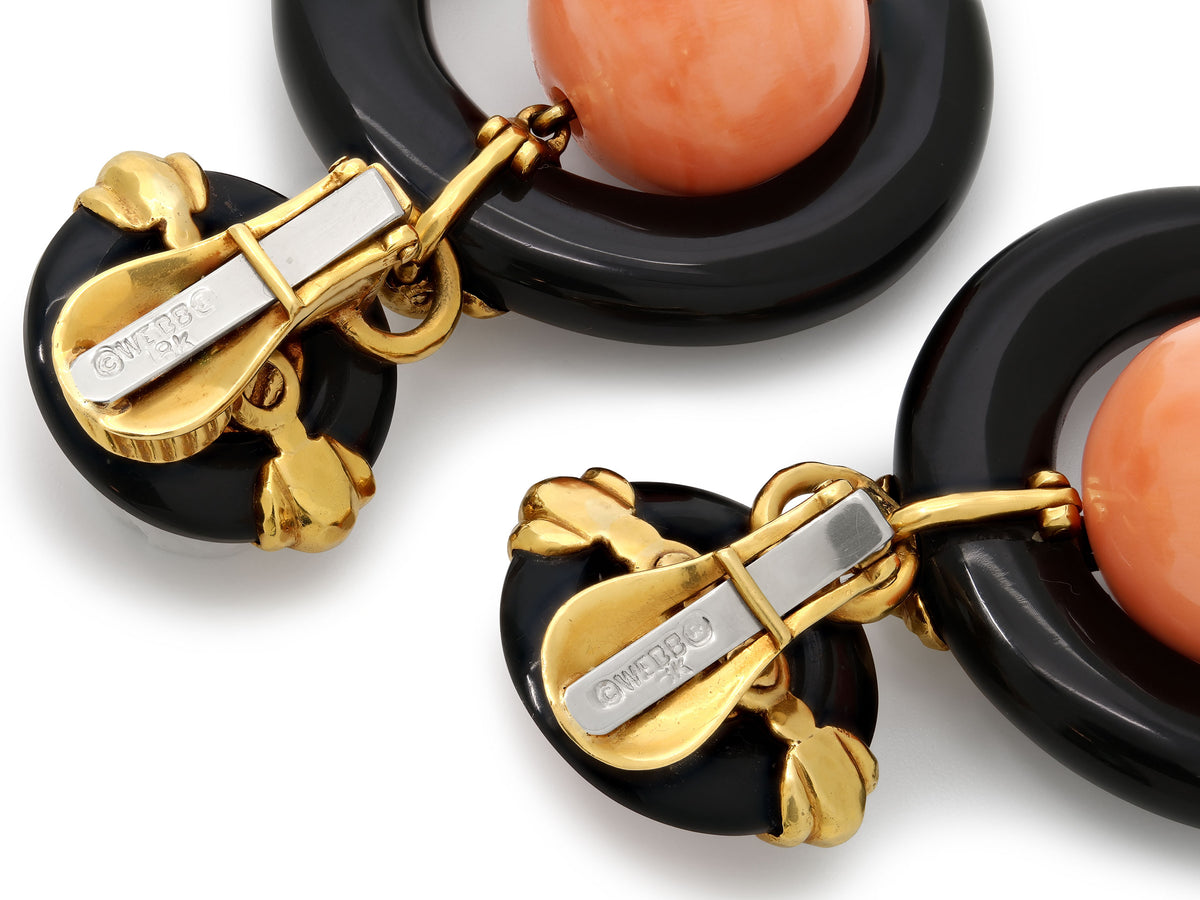 David Webb Coral and Onyx Door Knocker Earrings in 18K Gold