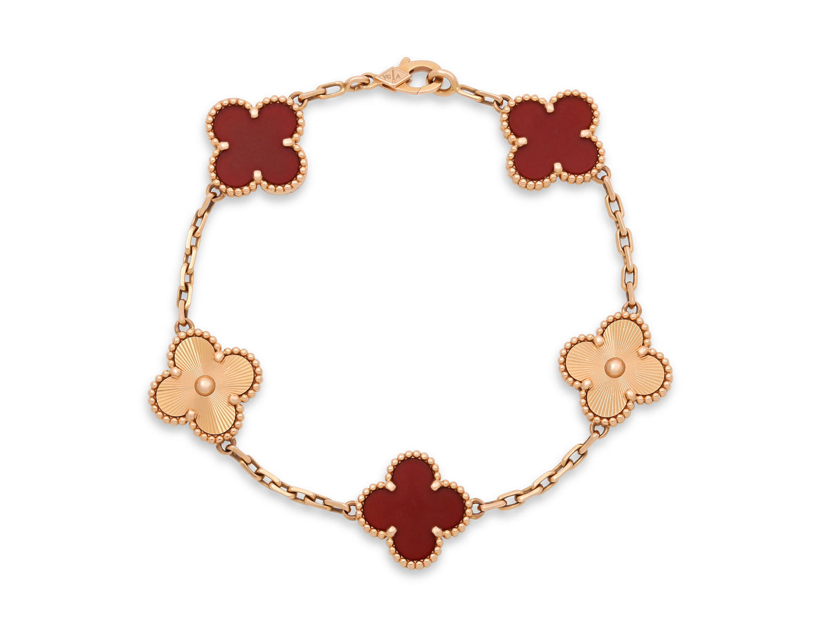Van Cleef & Arpels 'Vintage Alhambra' Carnelian Bracelet, 5 Motifs, in 18K Rose Gold