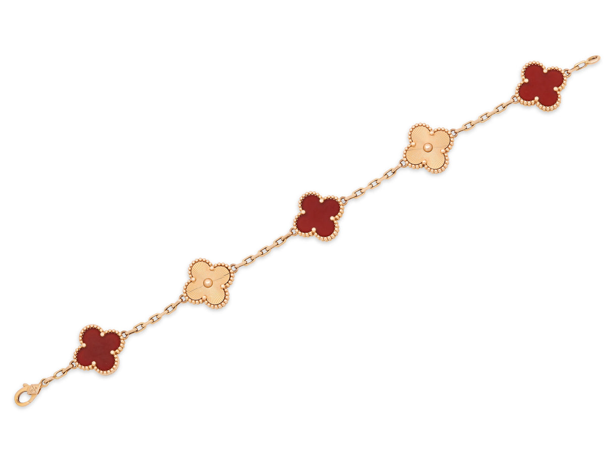 Van Cleef & Arpels 'Vintage Alhambra' Carnelian Bracelet, 5 Motifs, in 18K Rose Gold