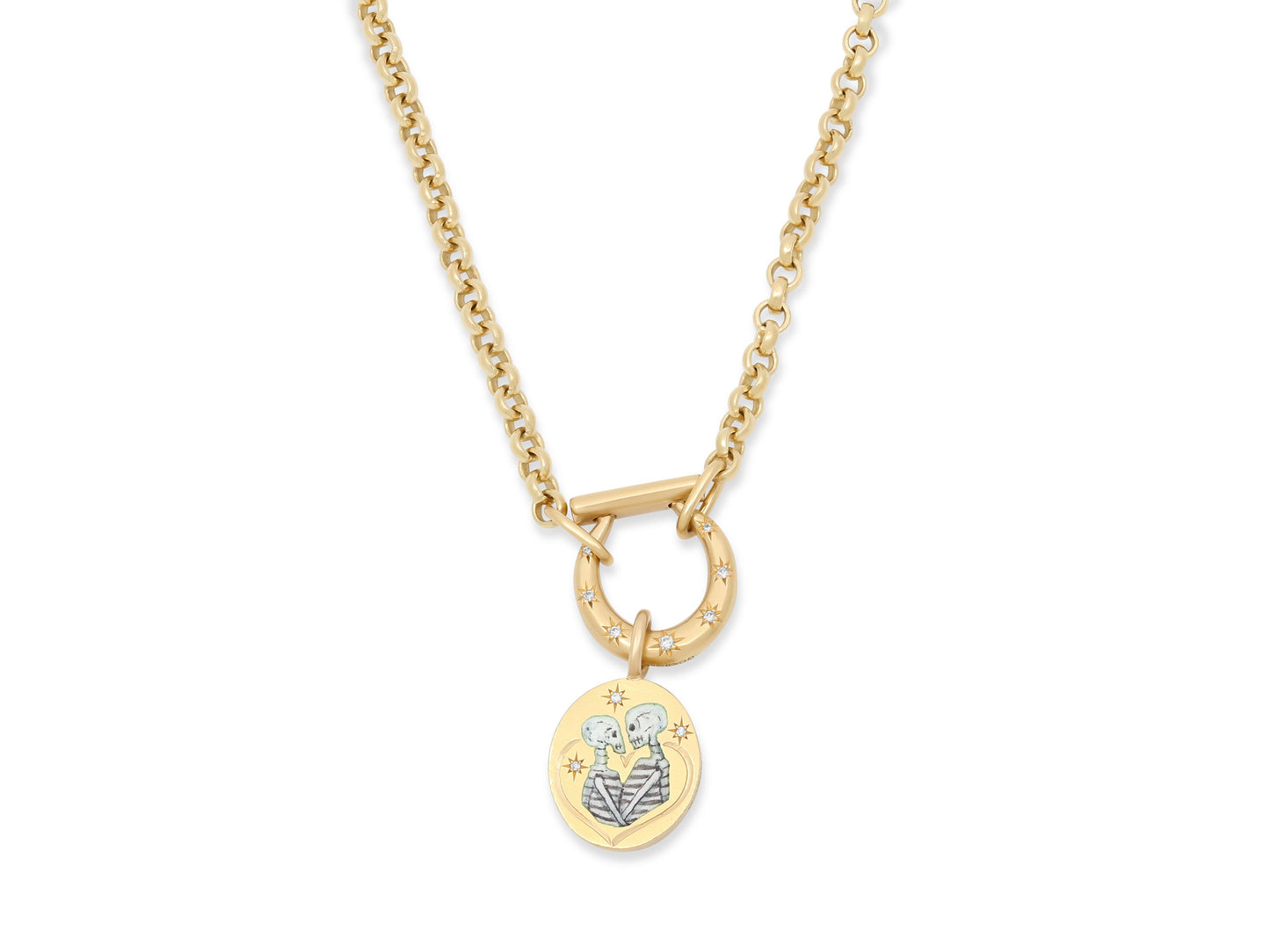 Cece 'Skeleton Lovers' Enamel Charm with Horseclip Diamond Necklace, Small, in 18K Gold