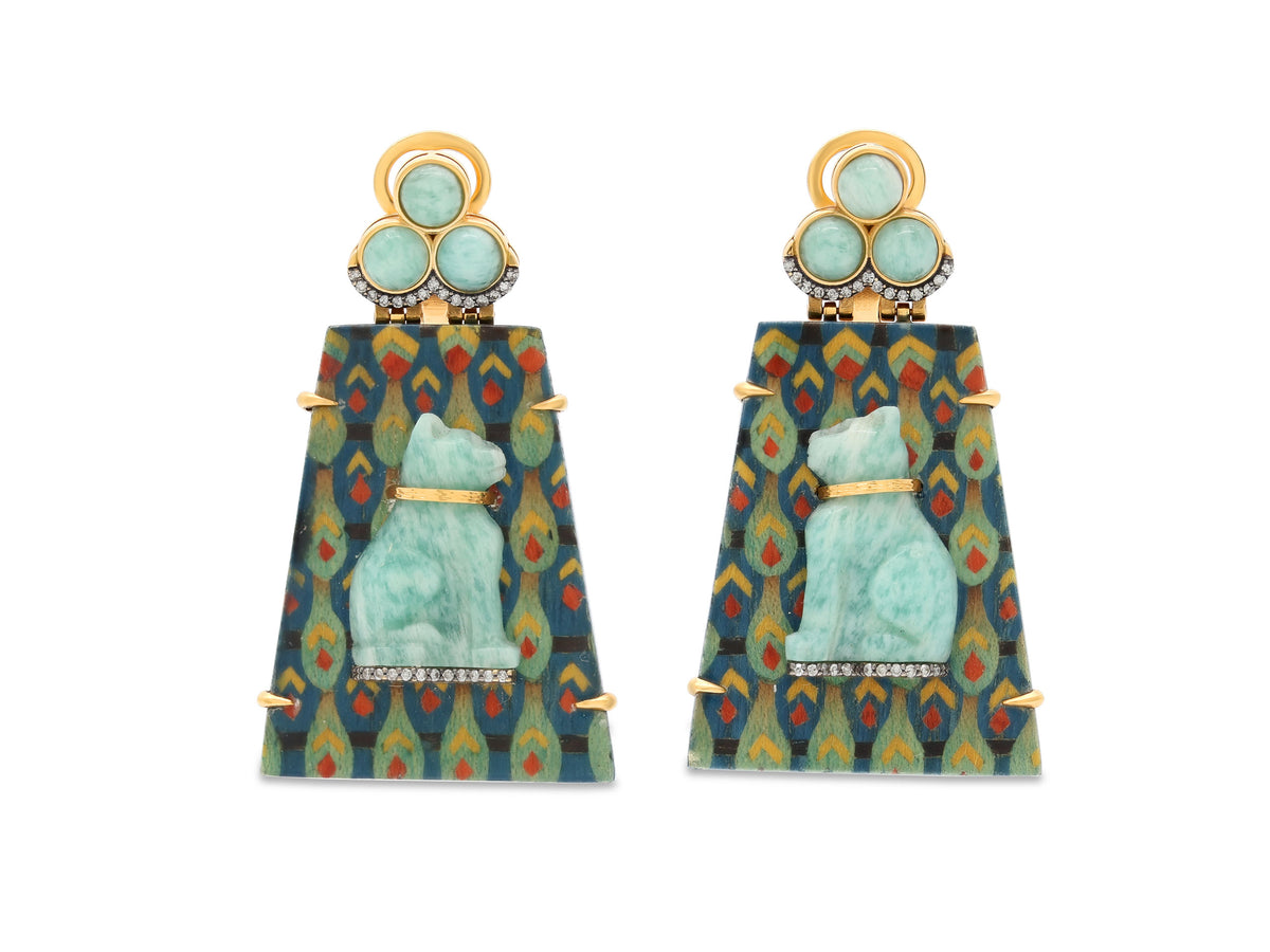 Silvia Furmanovich Wood Marquetry, Amazonite, and Diamond Earrings in 18K Gold