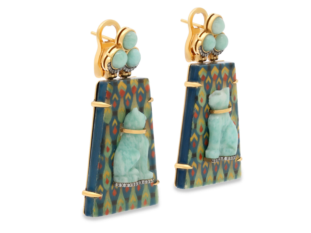 Silvia Furmanovich Wood Marquetry, Amazonite, and Diamond Earrings in 18K Gold