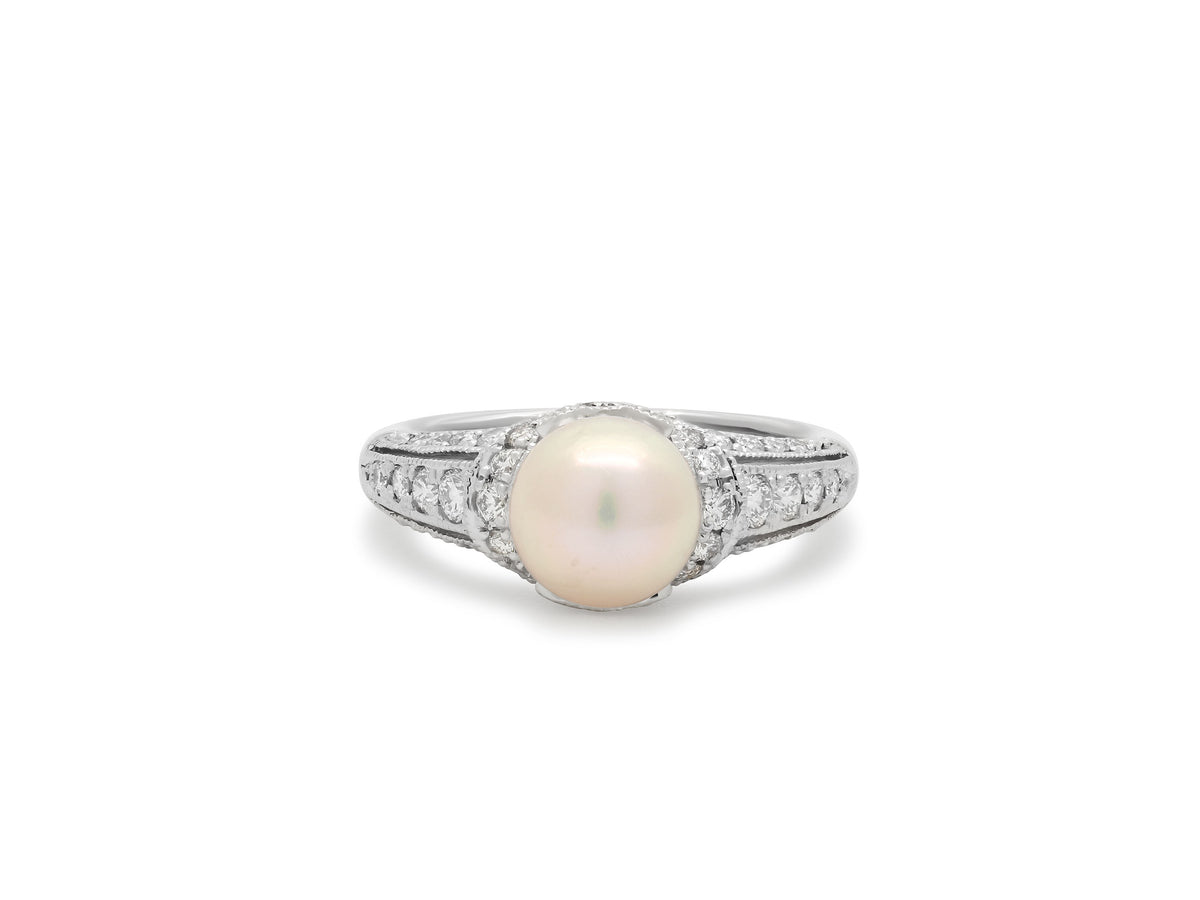 Mikimoto Pearl and Diamond Ring in Platinum