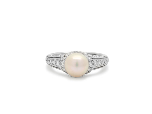 Mikimoto Pearl and Diamond Ring in Platinum