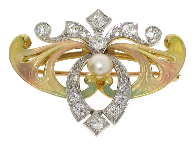Antique Art Nouveau Enamel, Diamond and Natural Pearl Brooch/Pendant in 14K