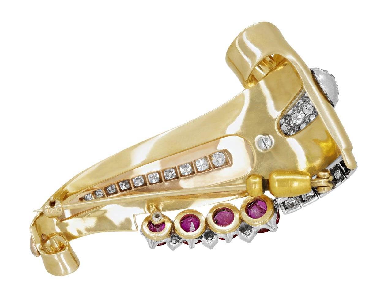 Retro Ruby and Diamond Scroll Brooch in 14K Gold