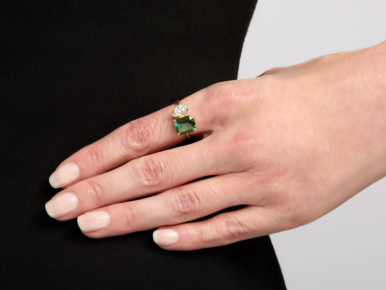 Beladora 'Bespoke' 'Toi et Moi' Green Tourmaline and Diamond Ring in 18K Gold