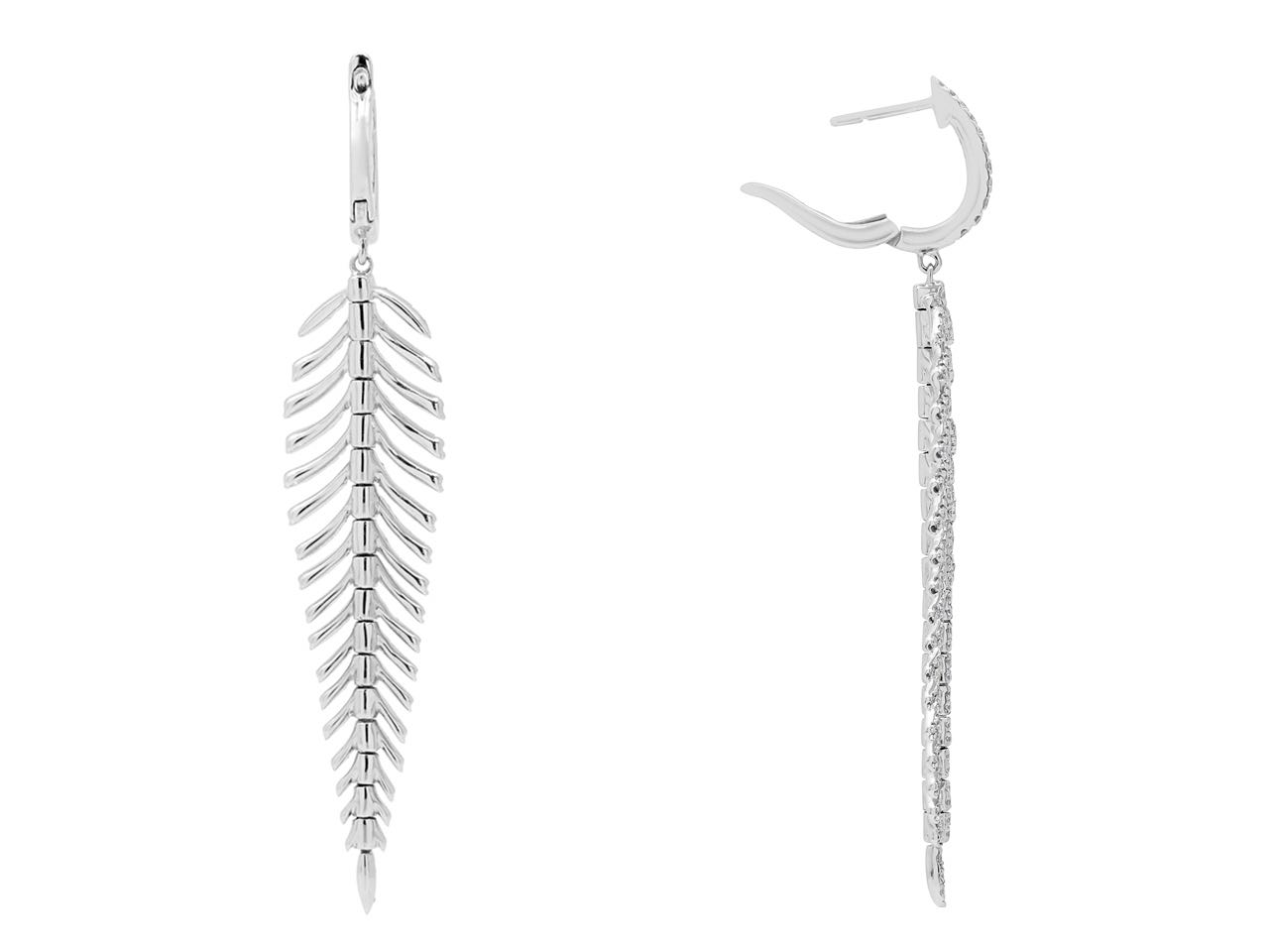 Diamond Feather Earrings in 18K White Gold, Large