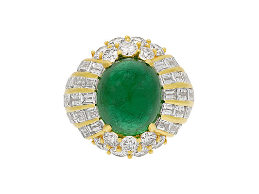 Cabochon Emerald, 10.00 Carat Zambian, and Diamond Ring in 18K Yellow Gold