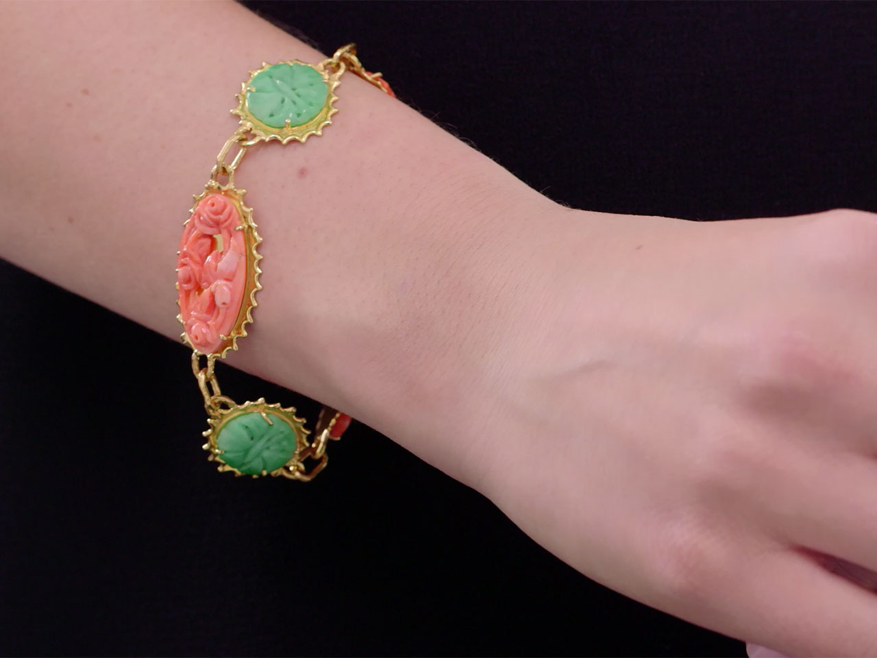 Neiman Marcus Carved Coral and Jadeite Bracelet in 22K Gold
