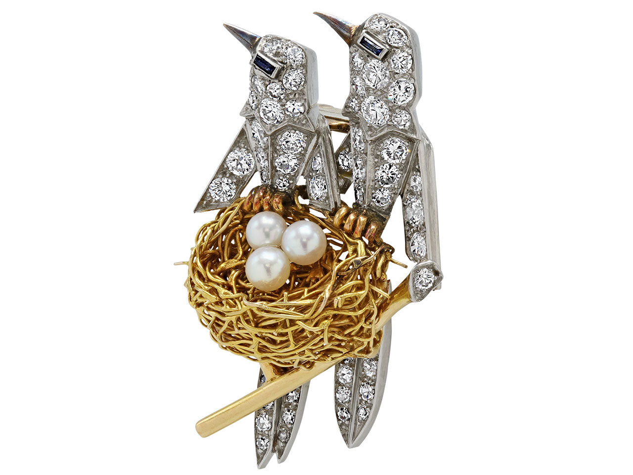 Mid-Century Diamond, Pearl and Sapphire Bird's Nest Brooch in Platinum and 18K Gold
