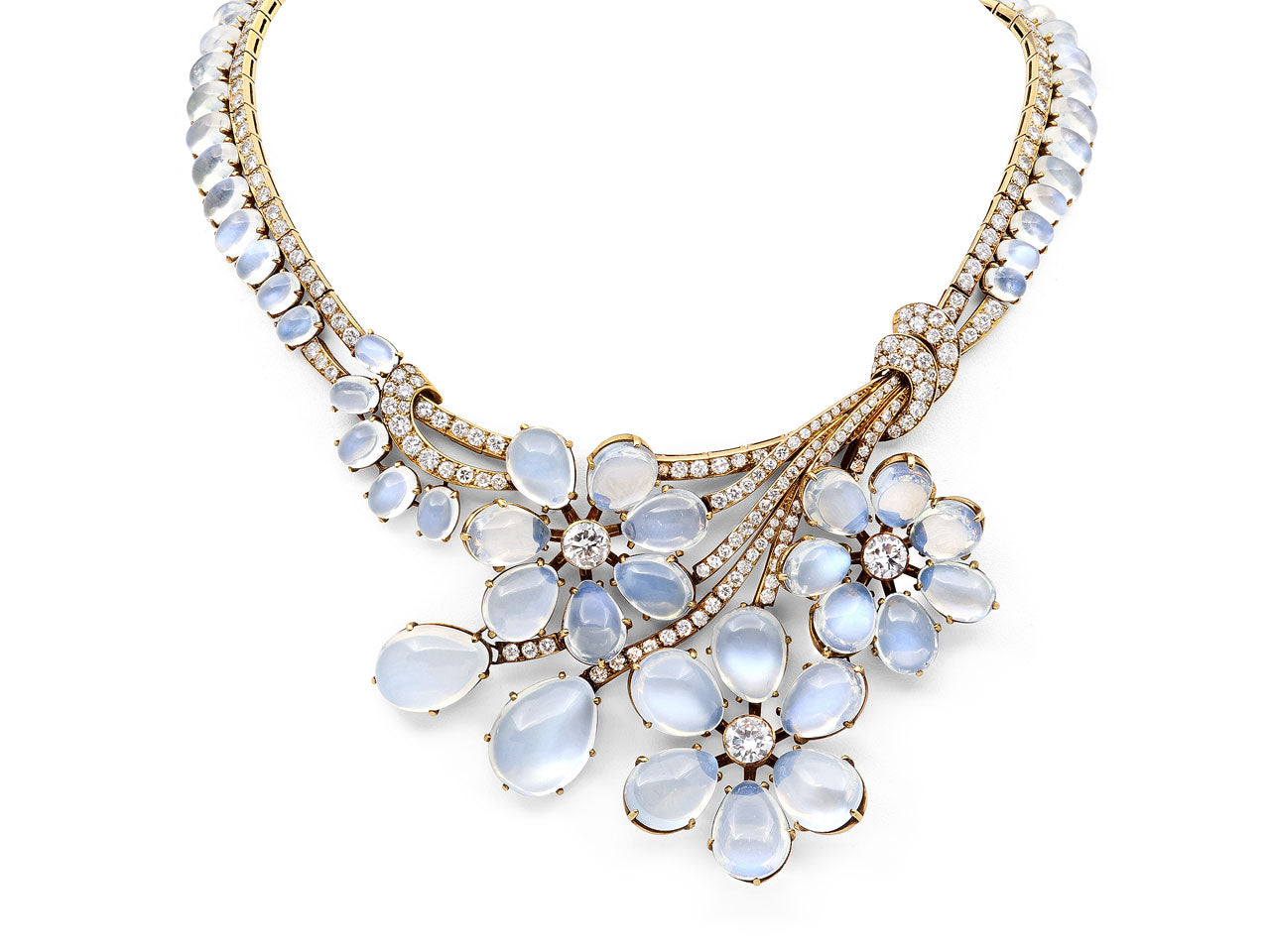 Mid-Century Moonstone and Diamond Necklace in 18K Gold, French