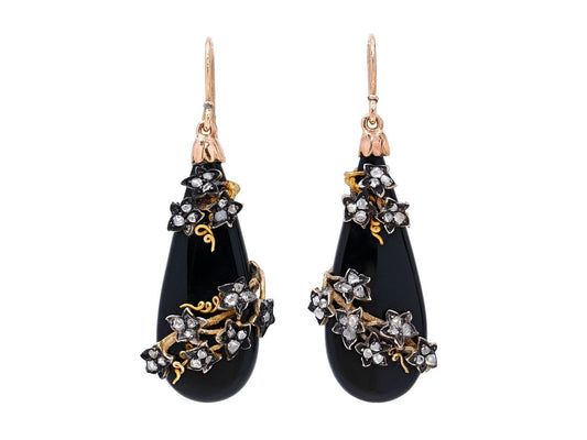 Antique Victorian Diamond and Onyx Drop Earrings in Silver and 14K Gold