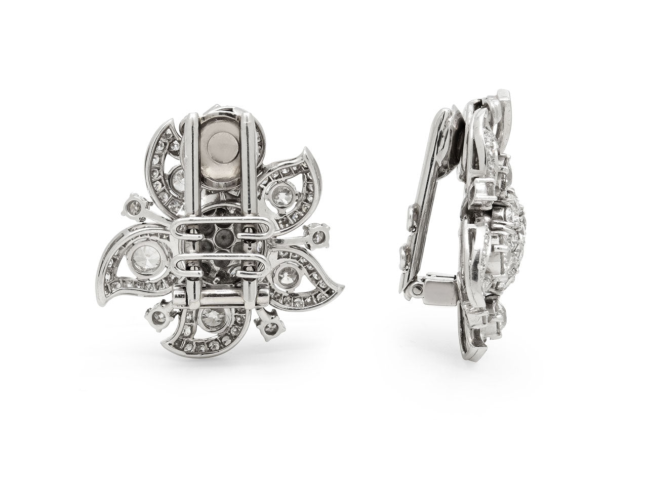 Mid-Century Floral Diamond Earrings / Brooch in Platinum
