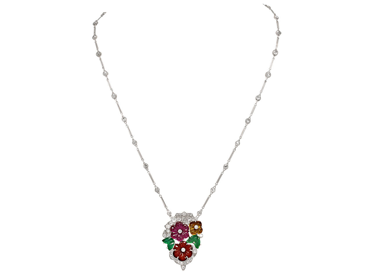 Art Deco Diamond and Multi-Gemstone Floral Pendant Necklace in Platinum