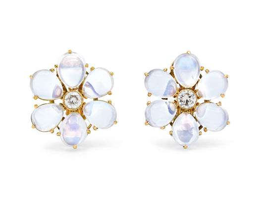 Mid-Century Moonstone and Diamond Earrings in 18K Gold