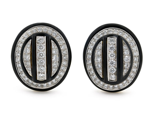 David Webb Diamond and Black Enamel Earrings in 18K and Platinum