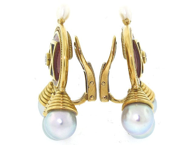 Elizabeth Gage African Queen Enamel and Pearl Earrings in 18K