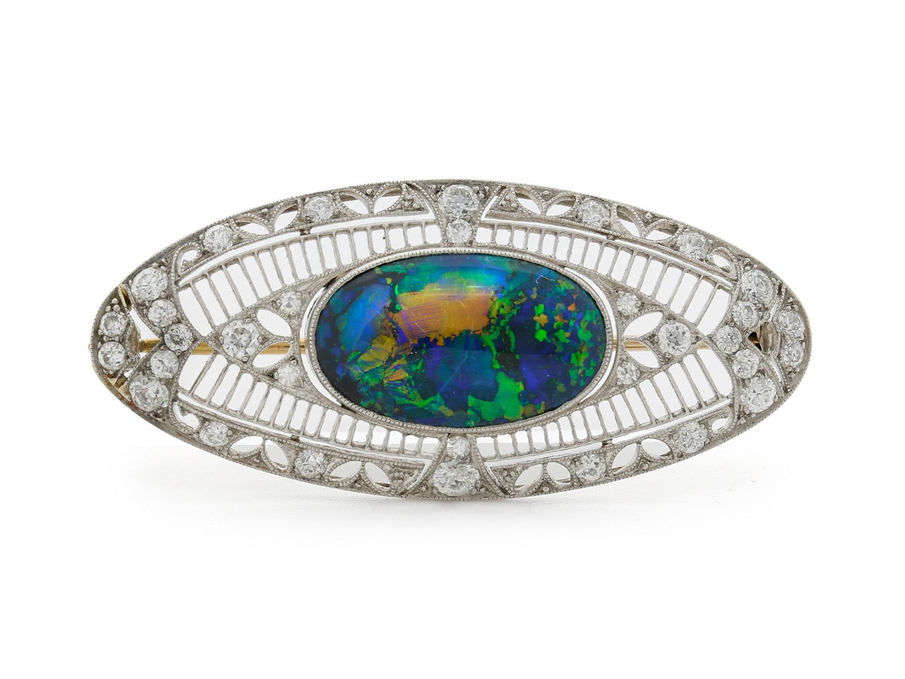 Marcus & Co. Black Opal and Diamond Brooch in Platinum