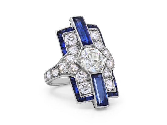 Art Deco Diamond and Sapphire Ring in Platinum