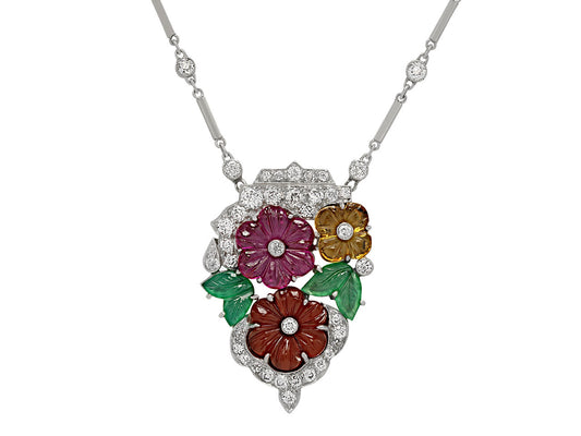 Art Deco Diamond and Multi-Gemstone Floral Pendant Necklace in Platinum