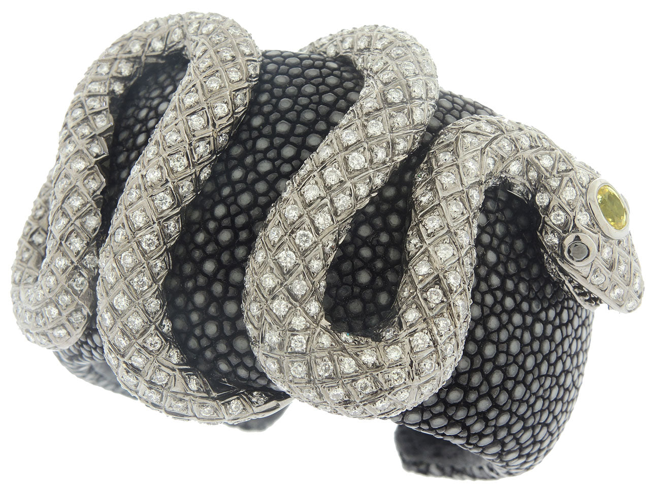 Diamond Snake Leather Cuff Bracelet in 18K