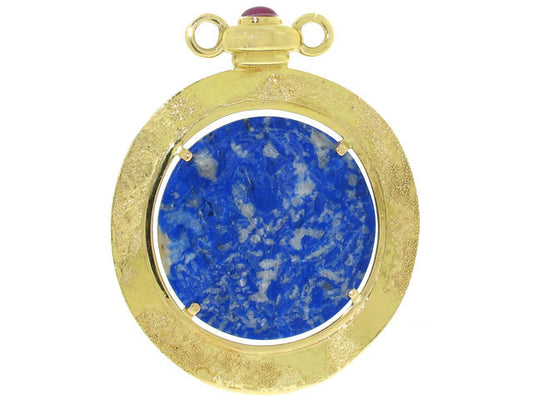 Elizabeth Gage Carved Lapis Lazuli and Ruby Pendant in 18K