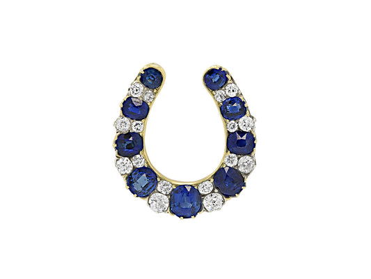 Antique Edwardian Horseshoe Sapphire and Diamond Brooch in 14K Gold and Platinum