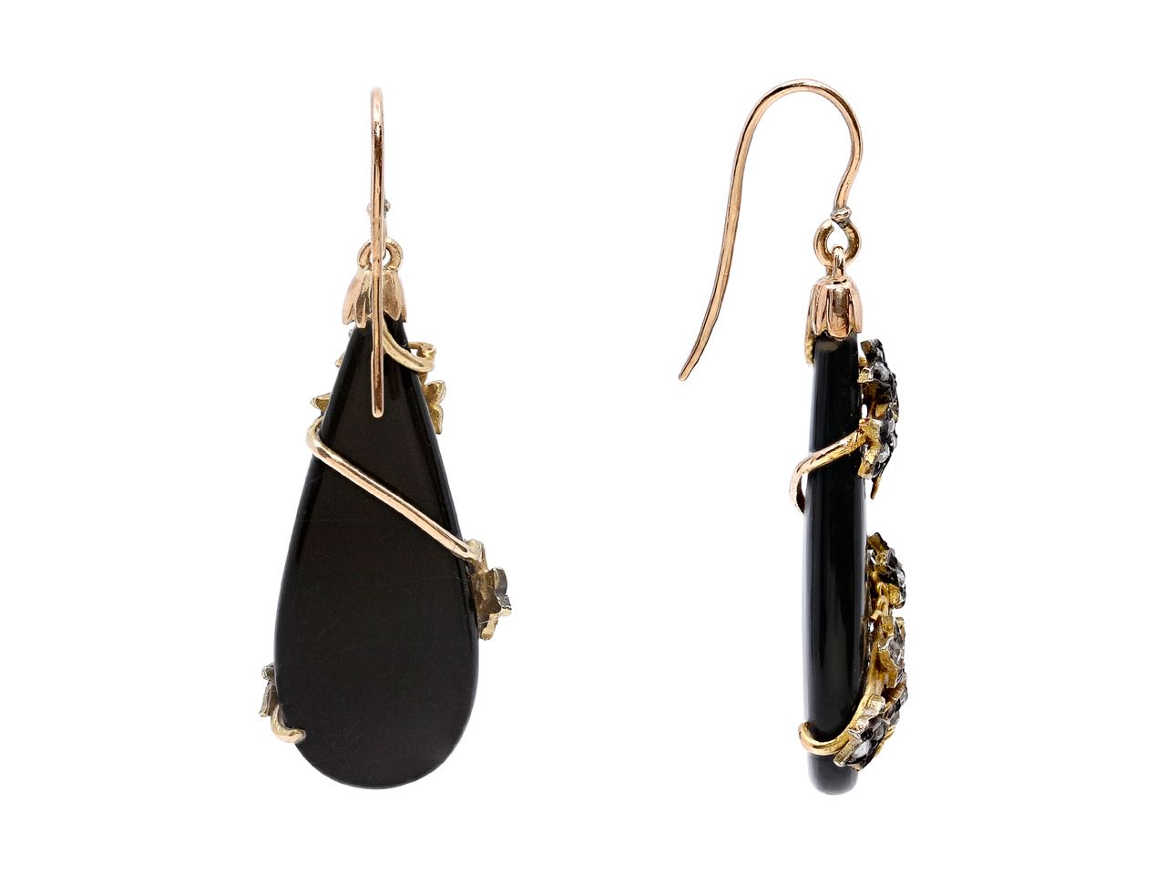 Antique Victorian Diamond and Onyx Drop Earrings in Silver and 14K Gold