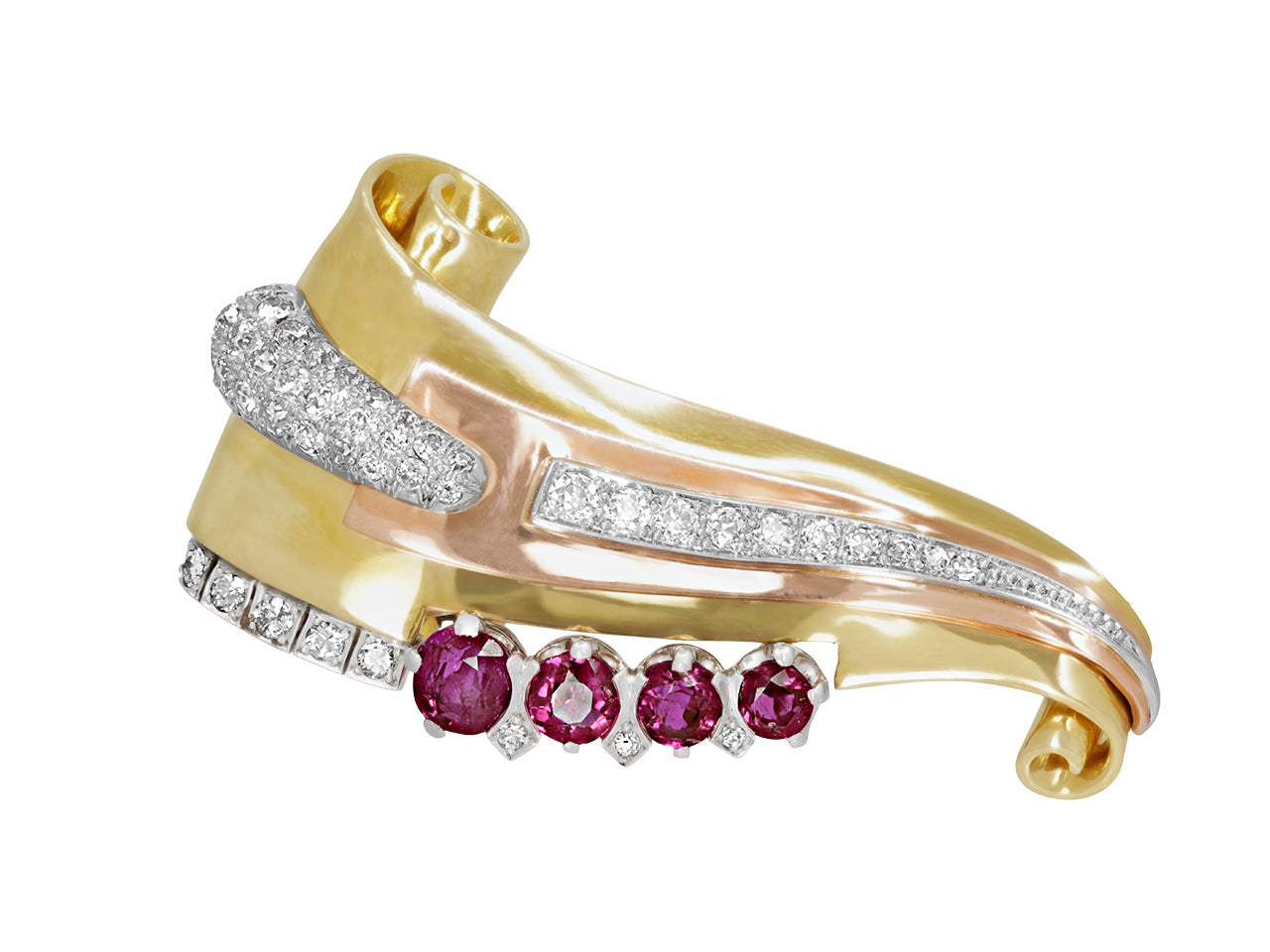 Retro Ruby and Diamond Scroll Brooch in 14K Gold
